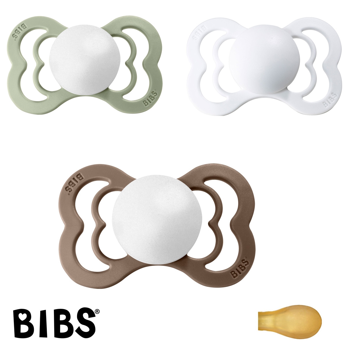 BIBS Supreme Sutter med navn, Sage, Dark Oak, White, Symmetrisk Latex str.2 Pakke med 3 sutter